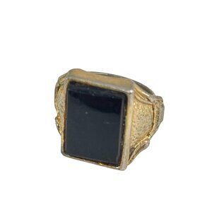 Vintage Gold-Tone Black Stone Statement Ring Size 7 Jewelry Bold Rectangular